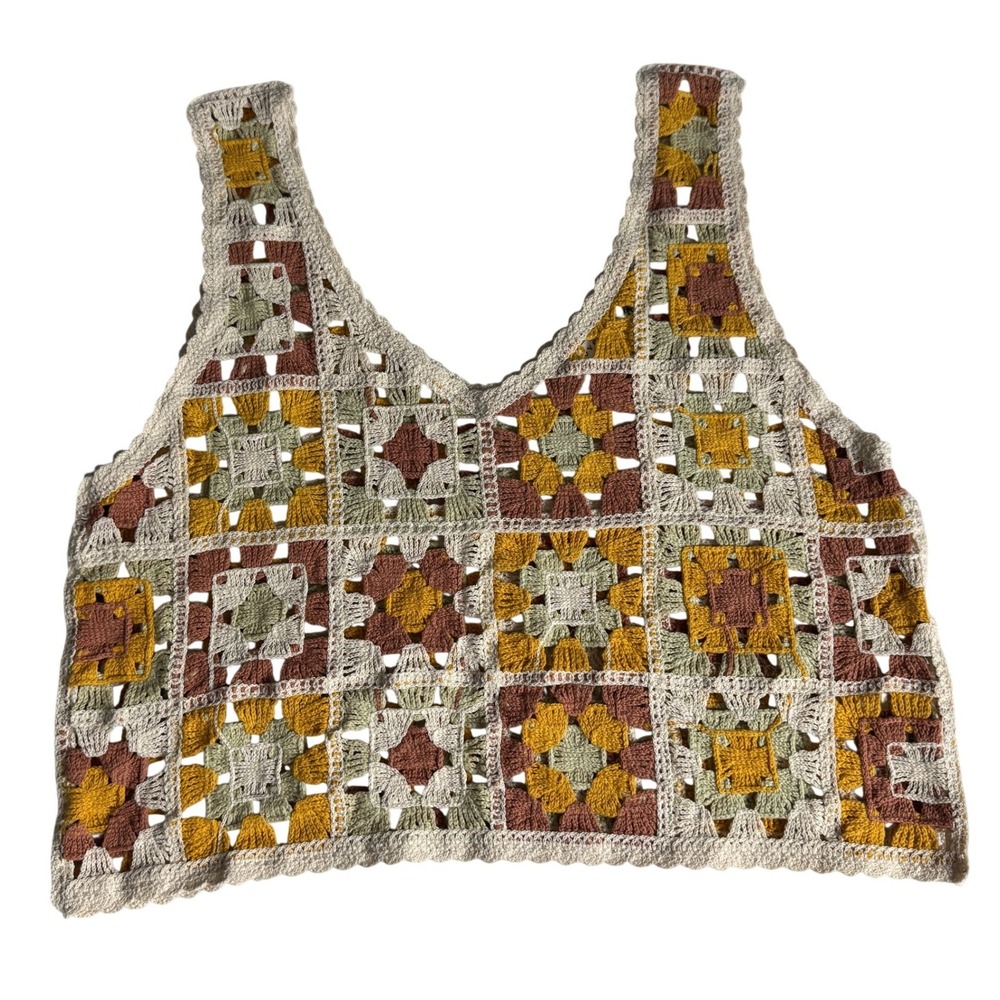 Loveriche Granny Square Crochet Tank Top Multi Color Boho Crop Womens S M